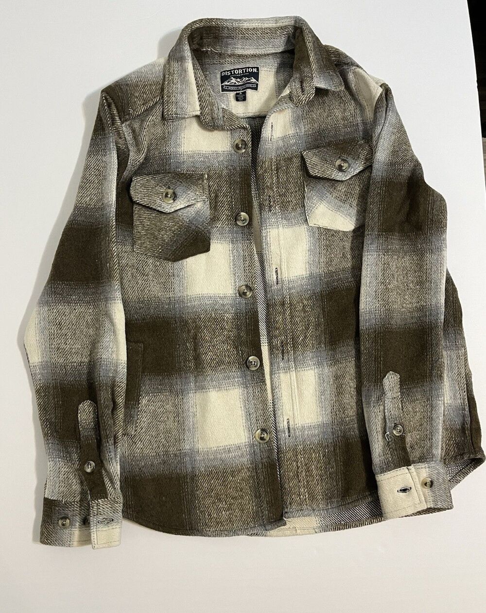 Distortion Plaid Button Shirt Jacket Brown Gray White Men's Size S Mid-Length